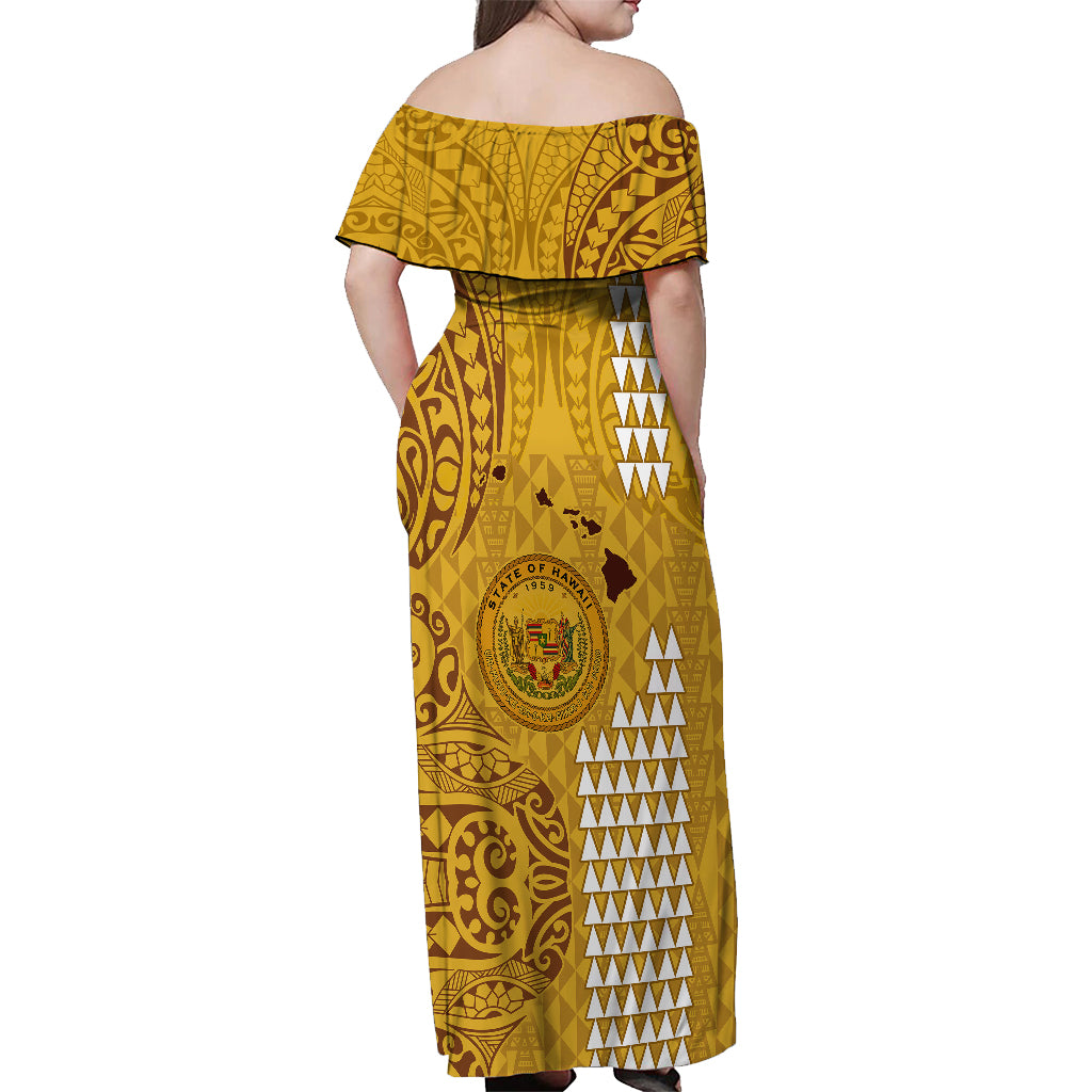 Maui Island Off Shoulder Maxi Dress Kakau Tribal Mixed Polynesian Pattern Gold LT9 - Polynesian Pride