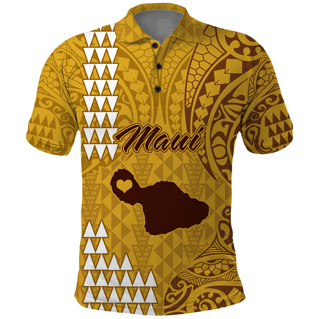 Maui Island Polo Shirt Kakau Tribal Mixed Polynesian Pattern Gold LT9 Gold - Polynesian Pride
