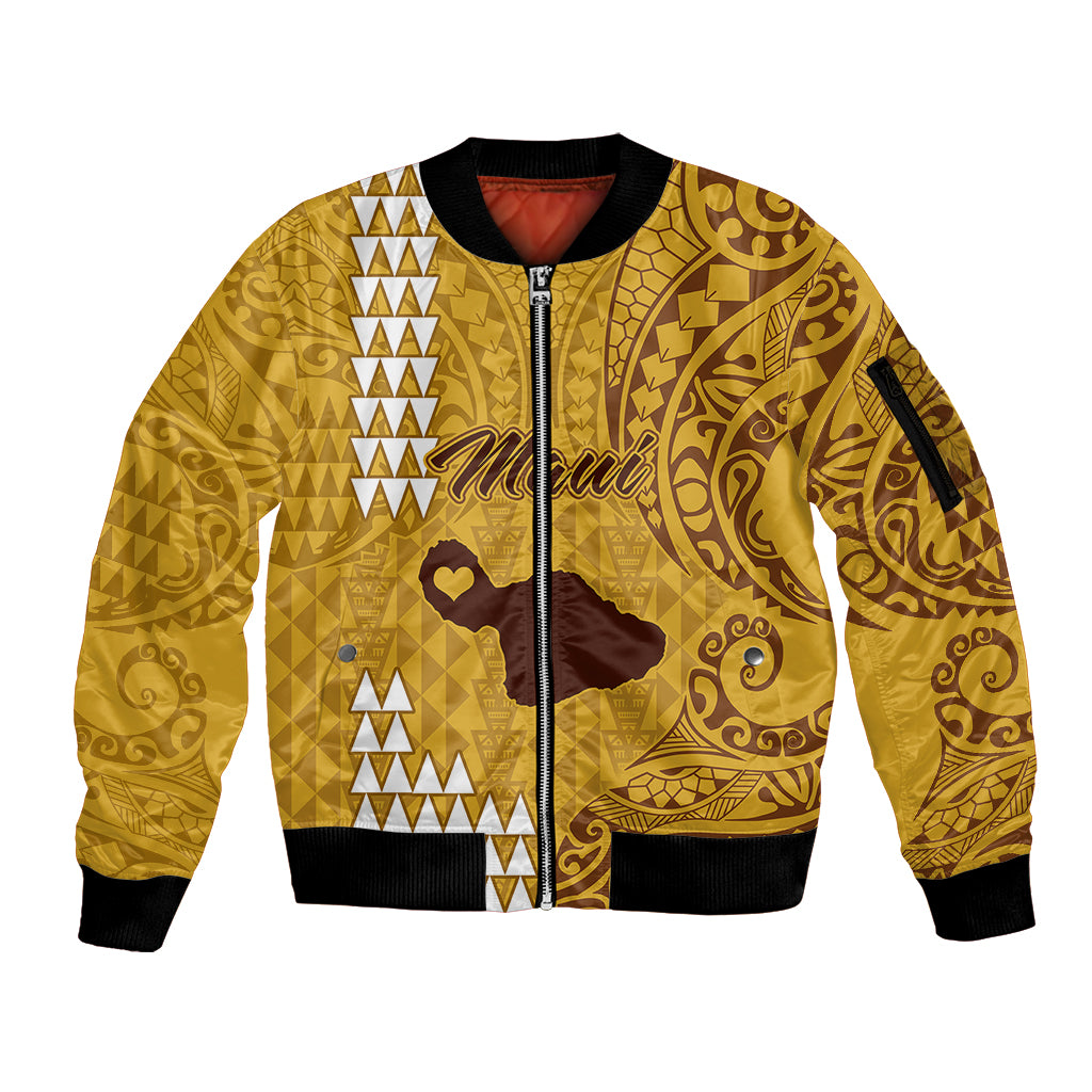 Maui Island Sleeve Zip Bomber Jacket Kakau Tribal Mixed Polynesian Pattern Gold LT9 Unisex Gold - Polynesian Pride
