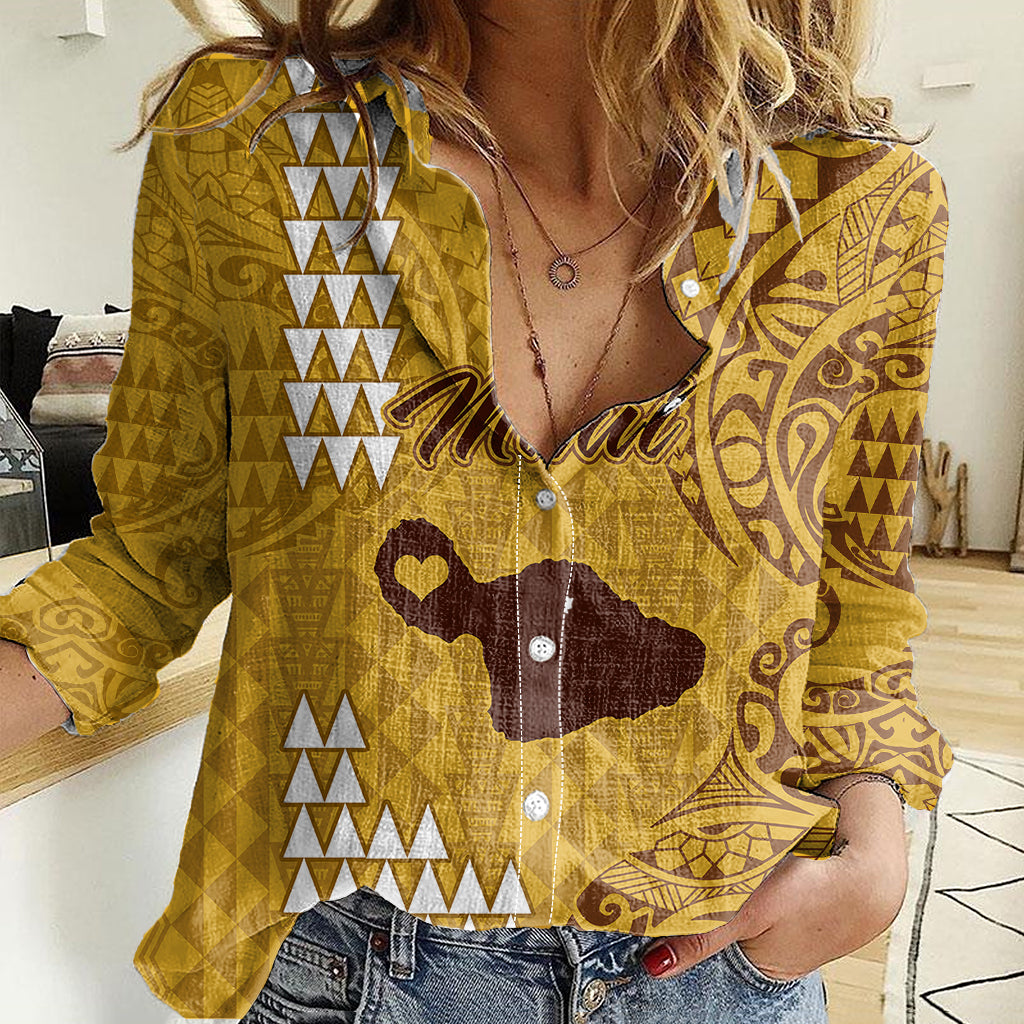 Maui Island Women Casual Shirt Kakau Tribal Mixed Polynesian Pattern Gold LT9 Female Gold - Polynesian Pride
