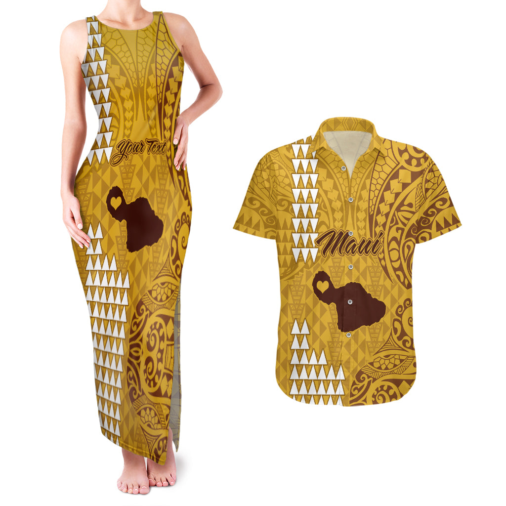 Personalised Maui Island Couples Matching Tank Maxi Dress and Hawaiian Shirt Kakau Tribal Mixed Polynesian Pattern Gold LT9 Gold - Polynesian Pride