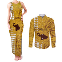 Personalised Maui Island Couples Matching Tank Maxi Dress and Long Sleeve Button Shirts Kakau Tribal Mixed Polynesian Pattern Gold LT9 Gold - Polynesian Pride