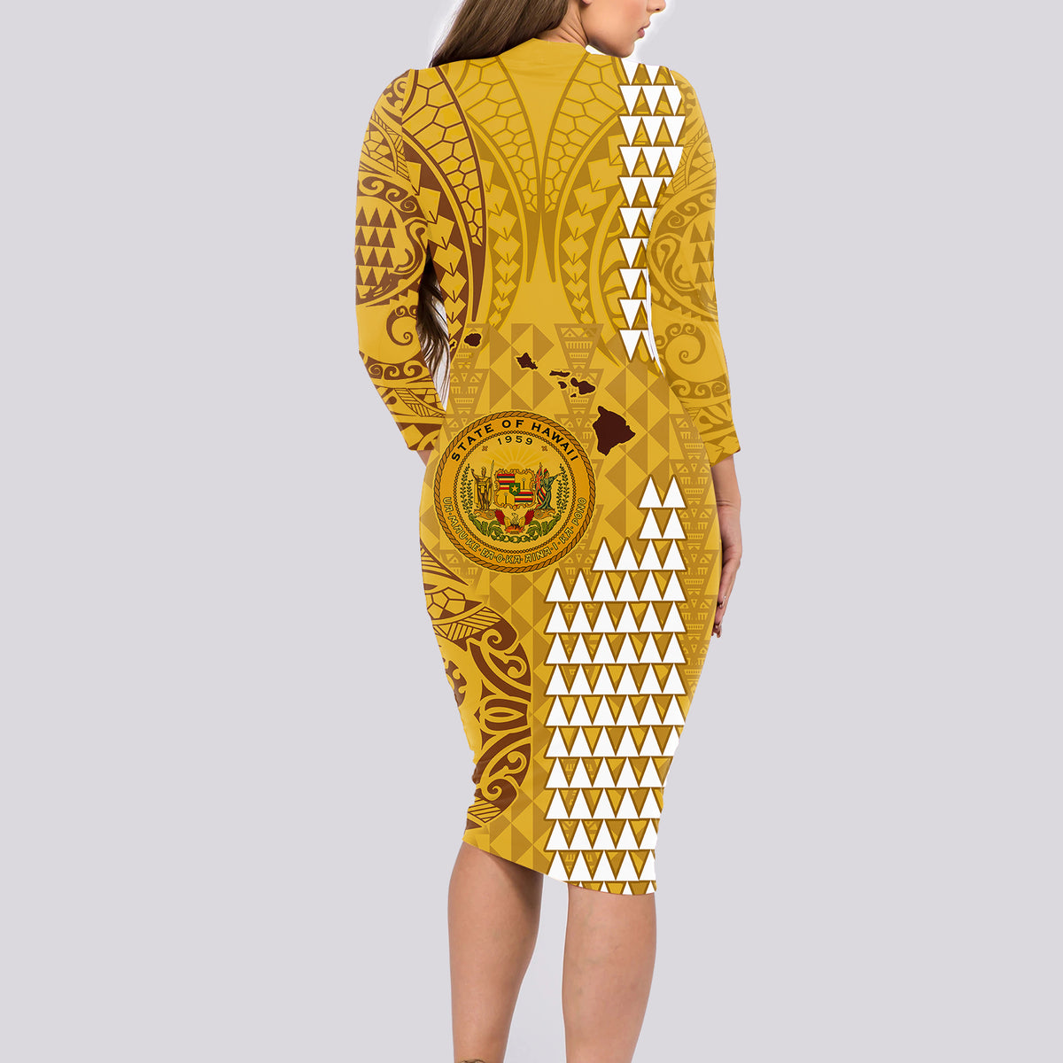 Personalised Maui Island Long Sleeve Bodycon Dress Kakau Tribal Mixed Polynesian Pattern Gold LT9 - Polynesian Pride
