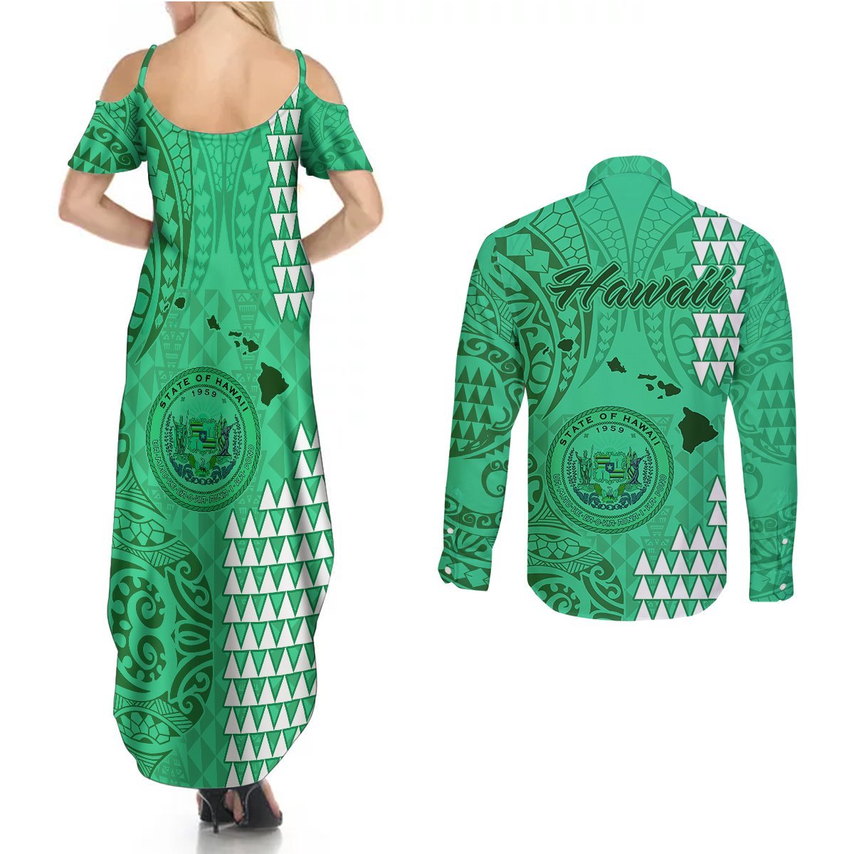 Maui Island Couples Matching Summer Maxi Dress and Long Sleeve Button Shirts Kakau Tribal Mixed Polynesian Pattern Green LT9 - Polynesian Pride