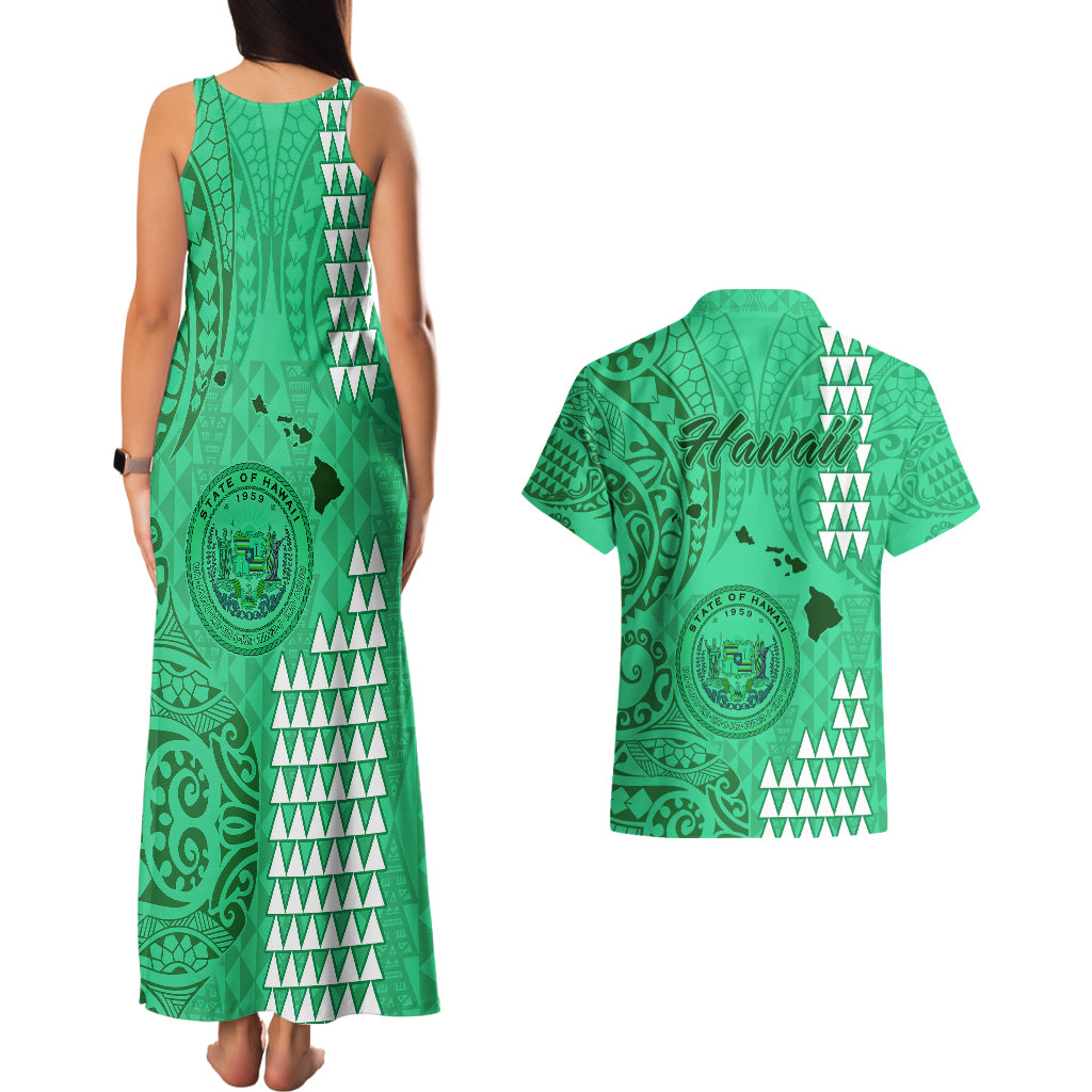 Maui Island Couples Matching Tank Maxi Dress and Hawaiian Shirt Kakau Tribal Mixed Polynesian Pattern Green LT9 - Polynesian Pride