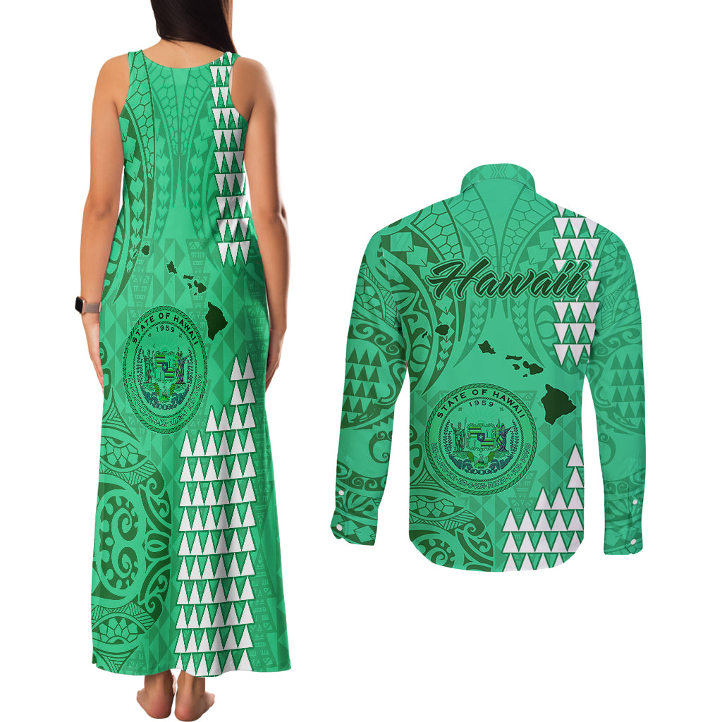 Maui Island Couples Matching Tank Maxi Dress and Long Sleeve Button Shirts Kakau Tribal Mixed Polynesian Pattern Green LT9 - Polynesian Pride