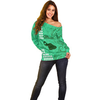 Maui Island Off Shoulder Sweater Kakau Tribal Mixed Polynesian Pattern Green LT9 - Polynesian Pride