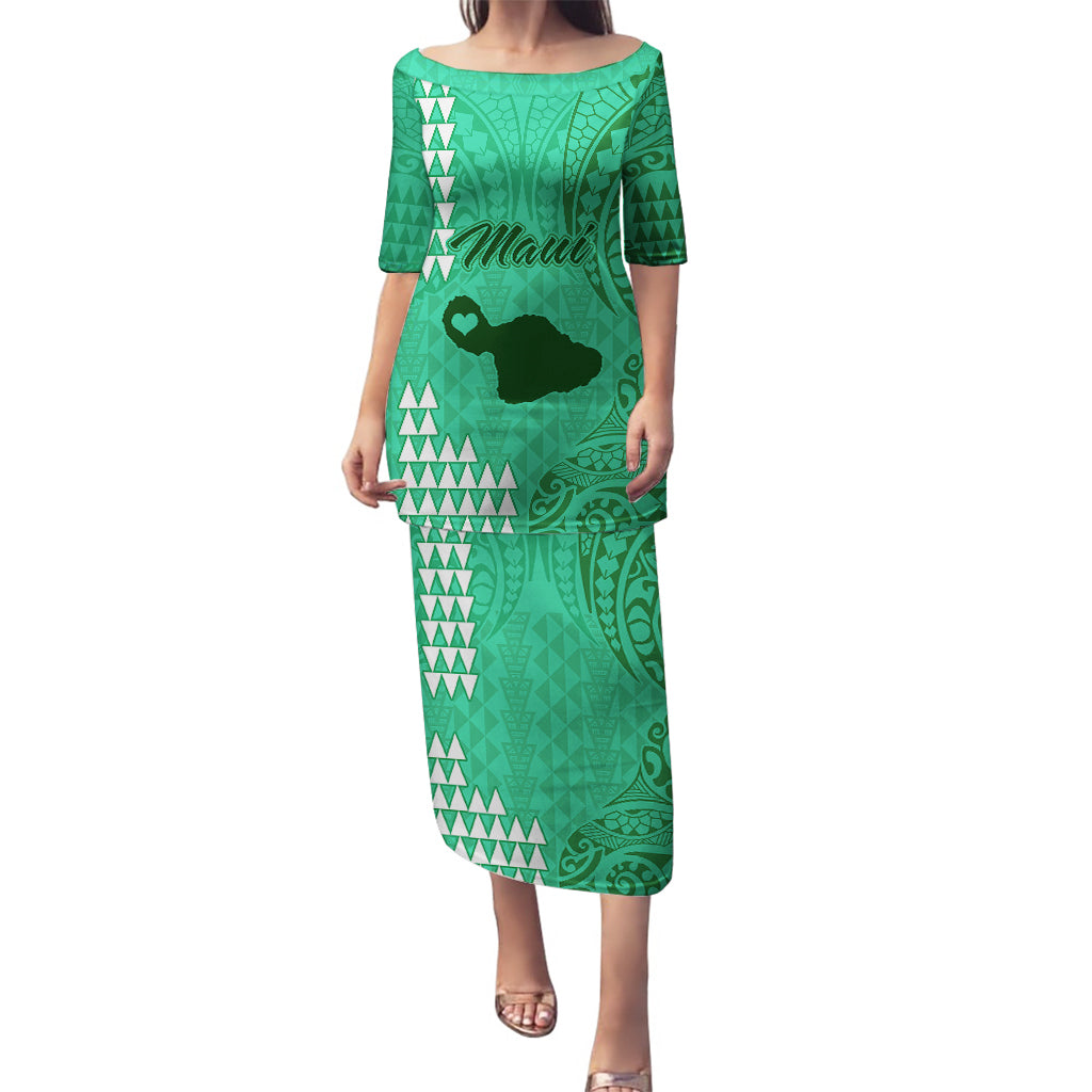 Maui Island Puletasi Kakau Tribal Mixed Polynesian Pattern Green LT9 Long Dress Green - Polynesian Pride