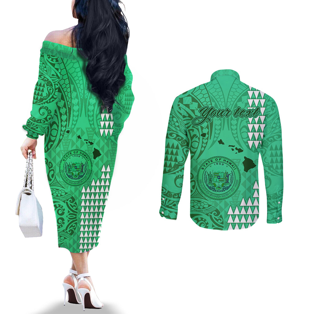 Personalised Maui Island Couples Matching Off The Shoulder Long Sleeve Dress and Long Sleeve Button Shirts Kakau Tribal Mixed Polynesian Pattern Green LT9 - Polynesian Pride
