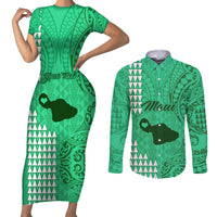 Personalised Maui Island Couples Matching Short Sleeve Bodycon Dress and Long Sleeve Button Shirts Kakau Tribal Mixed Polynesian Pattern Green LT9 Green - Polynesian Pride