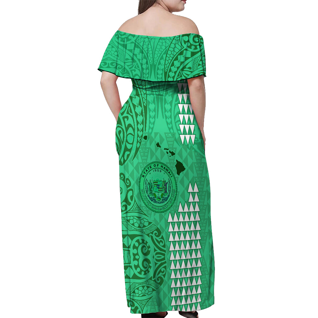 Personalised Maui Island Off Shoulder Maxi Dress Kakau Tribal Mixed Polynesian Pattern Green LT9 - Polynesian Pride