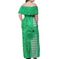 Personalised Maui Island Off Shoulder Maxi Dress Kakau Tribal Mixed Polynesian Pattern Green LT9 - Polynesian Pride