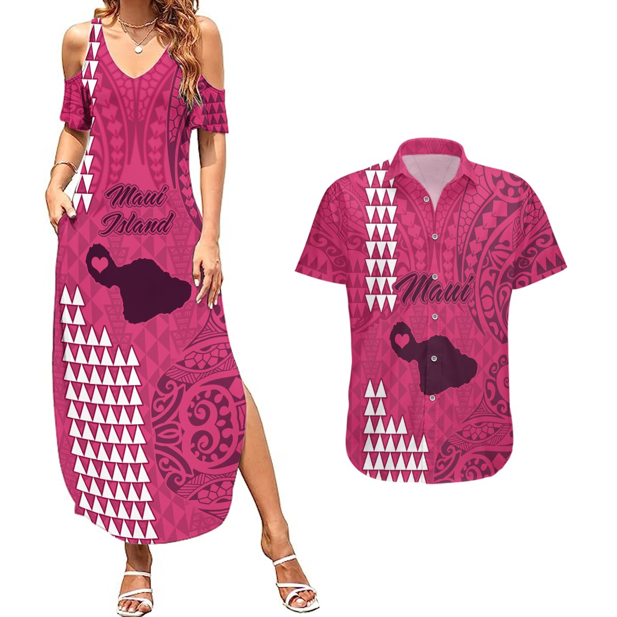 Maui Island Couples Matching Summer Maxi Dress and Hawaiian Shirt Kakau Tribal Mixed Polynesian Pattern Pink LT9 Pink - Polynesian Pride