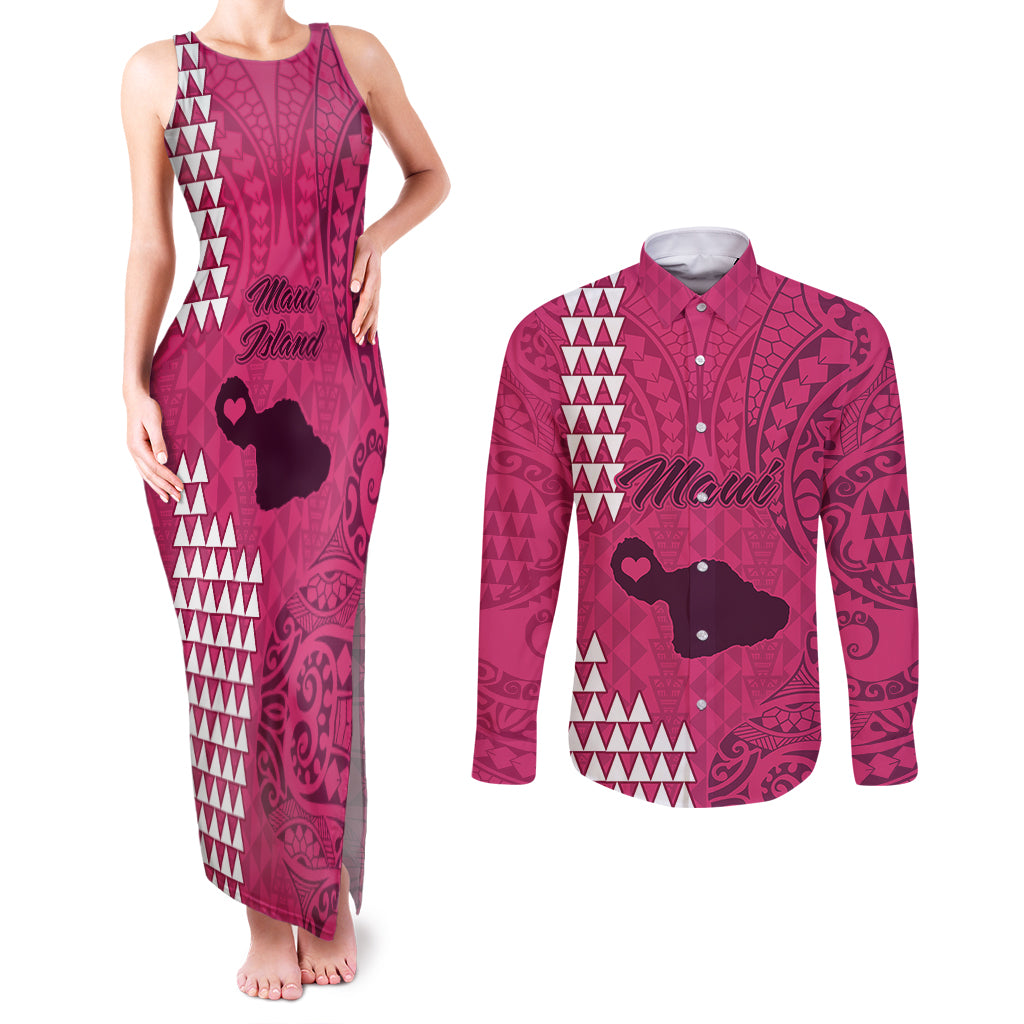 Maui Island Couples Matching Tank Maxi Dress and Long Sleeve Button Shirts Kakau Tribal Mixed Polynesian Pattern Pink LT9 Pink - Polynesian Pride