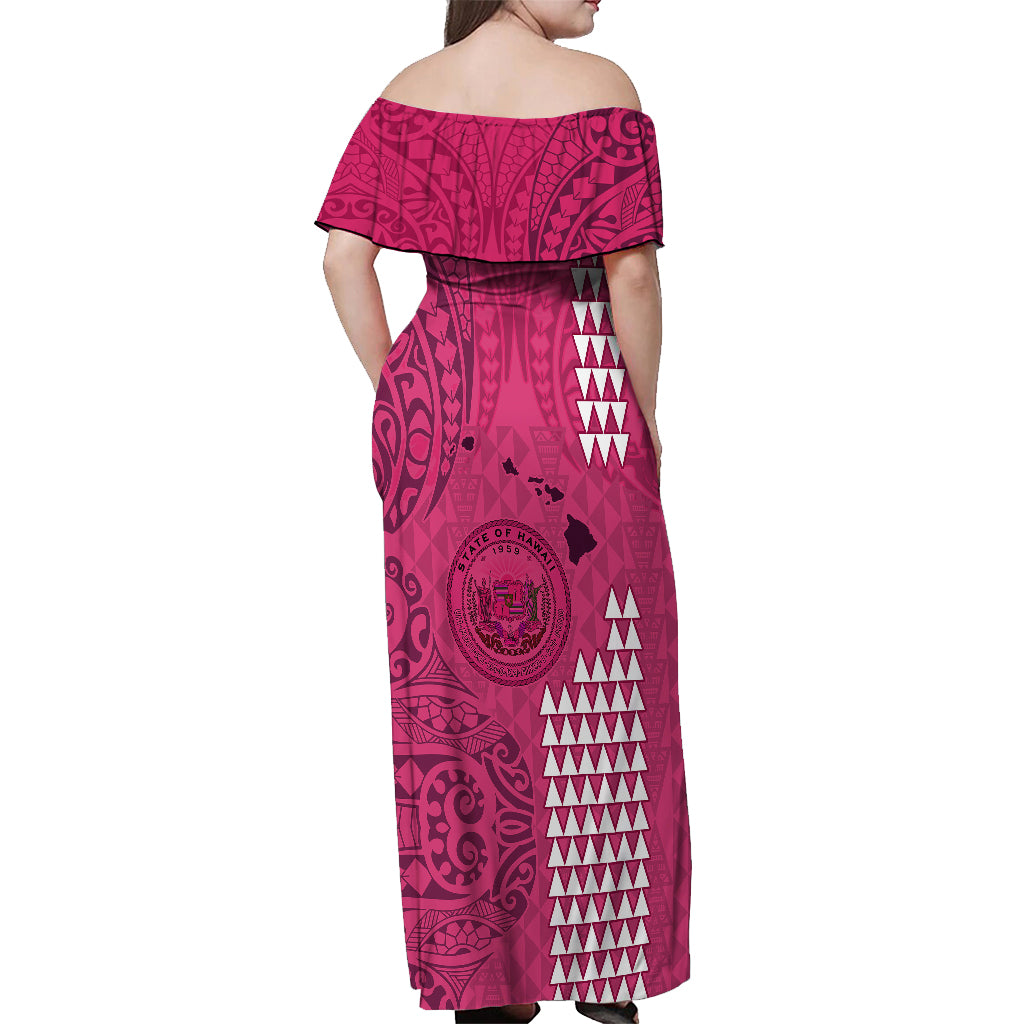 Maui Island Off Shoulder Maxi Dress Kakau Tribal Mixed Polynesian Pattern Pink LT9 - Polynesian Pride
