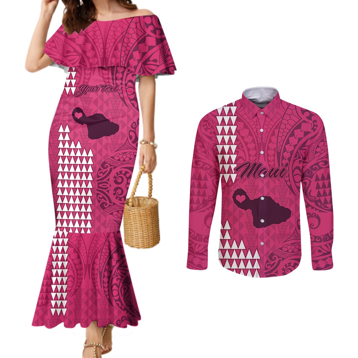 Personalised Maui Island Couples Matching Mermaid Dress and Long Sleeve Button Shirts Kakau Tribal Mixed Polynesian Pattern Pink LT9 Pink - Polynesian Pride