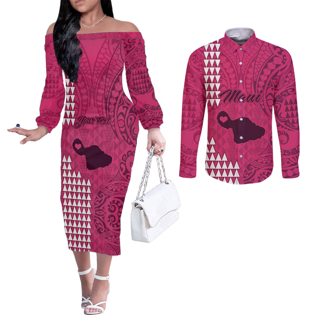 Personalised Maui Island Couples Matching Off The Shoulder Long Sleeve Dress and Long Sleeve Button Shirts Kakau Tribal Mixed Polynesian Pattern Pink LT9 Pink - Polynesian Pride