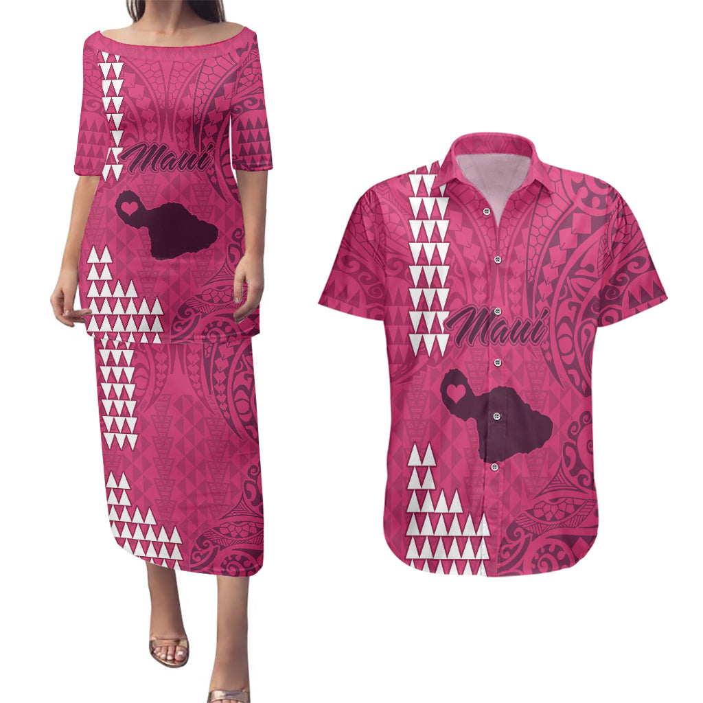 Personalised Maui Island Couples Matching Puletasi Dress and Hawaiian Shirt Kakau Tribal Mixed Polynesian Pattern Pink LT9 Pink - Polynesian Pride