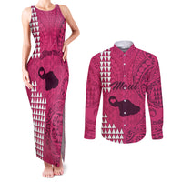 Personalised Maui Island Couples Matching Tank Maxi Dress and Long Sleeve Button Shirts Kakau Tribal Mixed Polynesian Pattern Pink LT9 Pink - Polynesian Pride