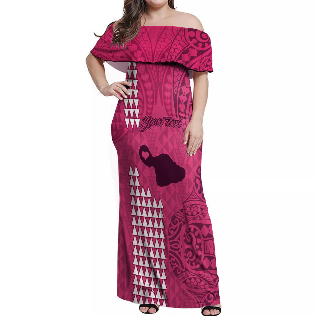Personalised Maui Island Off Shoulder Maxi Dress Kakau Tribal Mixed Polynesian Pattern Pink LT9 Women Pink - Polynesian Pride