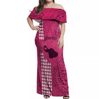 Personalised Maui Island Off Shoulder Maxi Dress Kakau Tribal Mixed Polynesian Pattern Pink LT9 Women Pink - Polynesian Pride