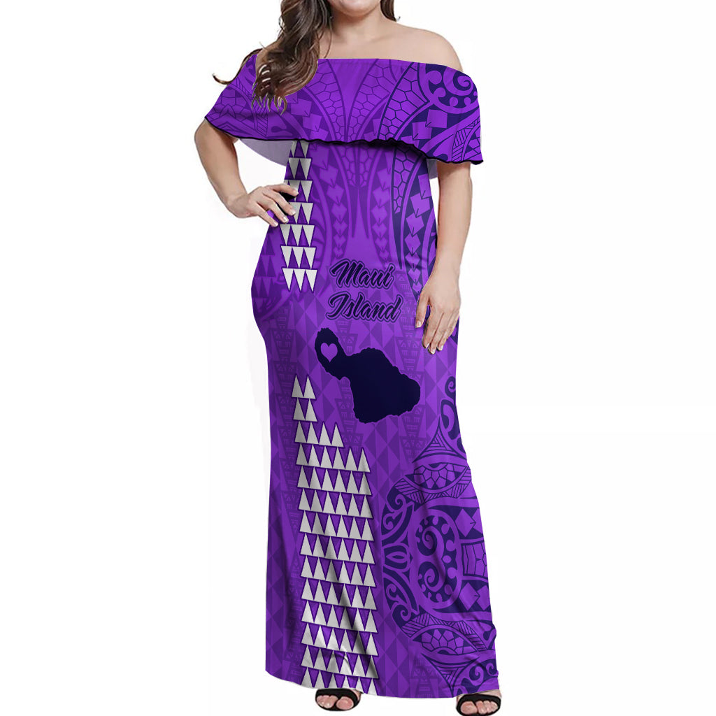 Maui Island Off Shoulder Maxi Dress Kakau Tribal Mixed Polynesian Pattern Purple LT9 Women Purple - Polynesian Pride