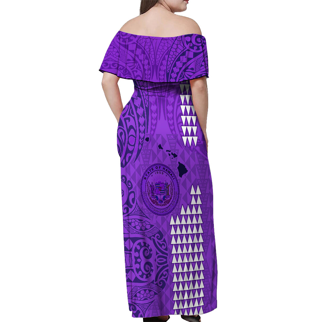 Maui Island Off Shoulder Maxi Dress Kakau Tribal Mixed Polynesian Pattern Purple LT9 - Polynesian Pride