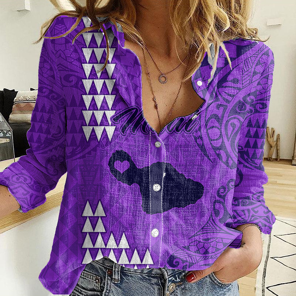 Maui Island Women Casual Shirt Kakau Tribal Mixed Polynesian Pattern Purple LT9 Female Purple - Polynesian Pride