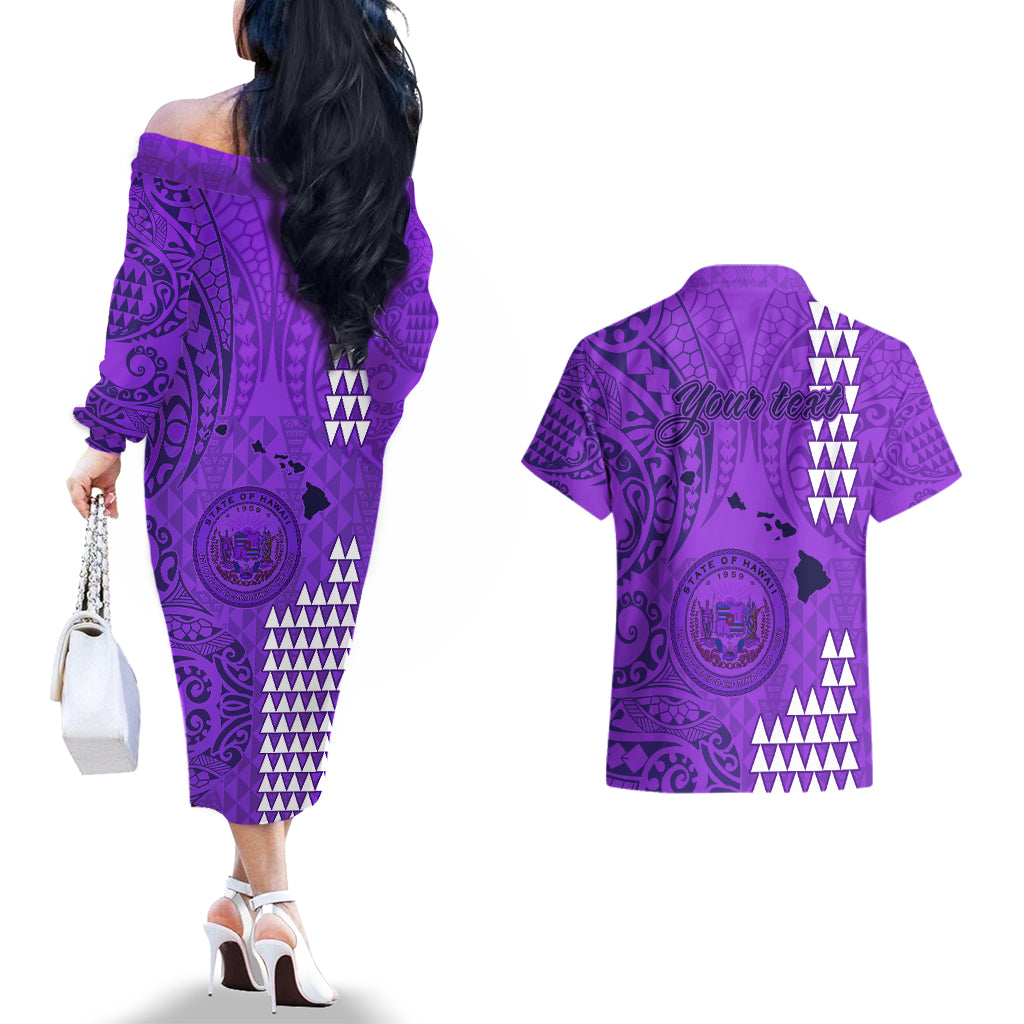Personalised Maui Island Couples Matching Off The Shoulder Long Sleeve Dress and Hawaiian Shirt Kakau Tribal Mixed Polynesian Pattern Purple LT9 - Polynesian Pride