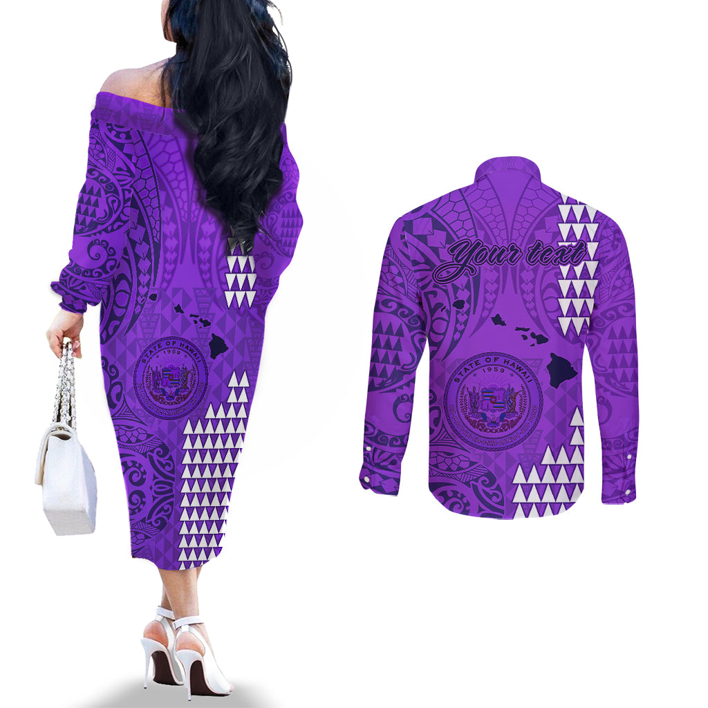 Personalised Maui Island Couples Matching Off The Shoulder Long Sleeve Dress and Long Sleeve Button Shirts Kakau Tribal Mixed Polynesian Pattern Purple LT9 - Polynesian Pride