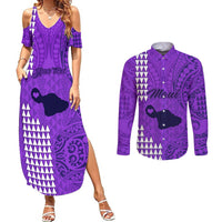 Personalised Maui Island Couples Matching Summer Maxi Dress and Long Sleeve Button Shirts Kakau Tribal Mixed Polynesian Pattern Purple LT9 Purple - Polynesian Pride