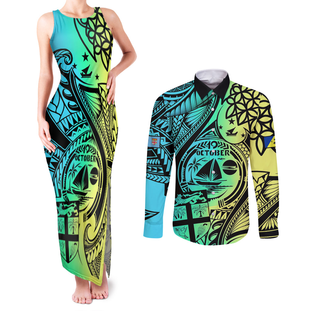 personalised-malampa-fiji-day-couples-matching-tank-maxi-dress-and-long-sleeve-button-shirts-vanuatu-sand-drawing-with-polynesian-pattern