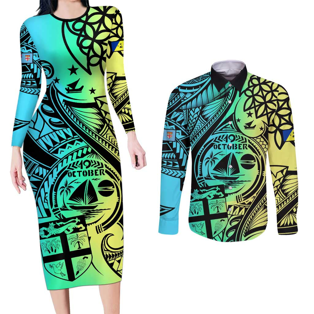 Personalised Malampa Fiji Day Couples Matching Long Sleeve Bodycon Dress and Long Sleeve Button Shirt Vanuatu Sand Drawing With Polynesian Pattern LT9