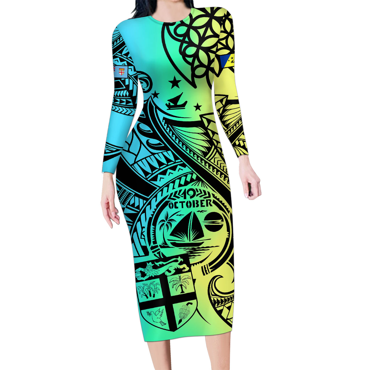 personalised-malampa-fiji-day-family-matching-long-sleeve-bodycon-dress-and-hawaiian-shirt-vanuatu-sand-drawing-with-polynesian-pattern