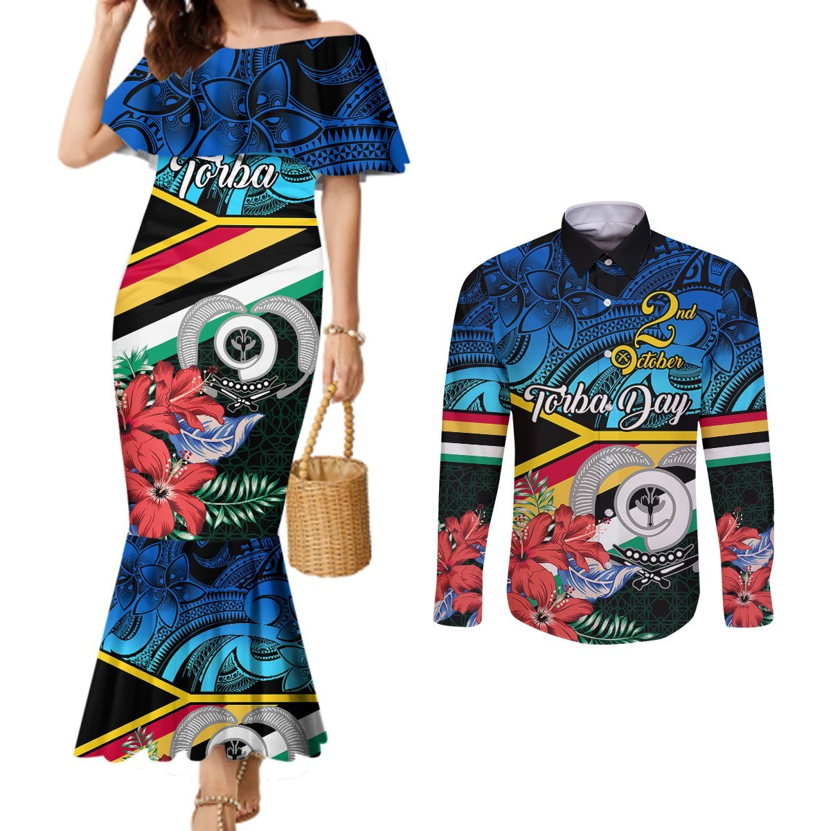 Torba Vanuatu Couples Matching Mermaid Dress and Long Sleeve Button Shirts Sand Drawing With Polynesian Pattern LT9 Black - Polynesian Pride
