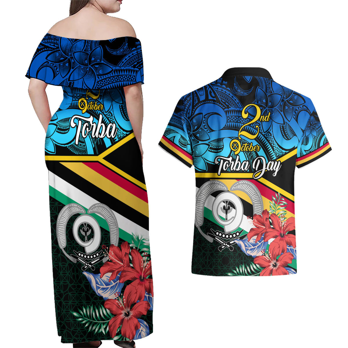 torba-vanuatu-couples-matching-off-shoulder-maxi-dress-and-hawaiian-shirt-sand-drawing-with-polynesian-pattern