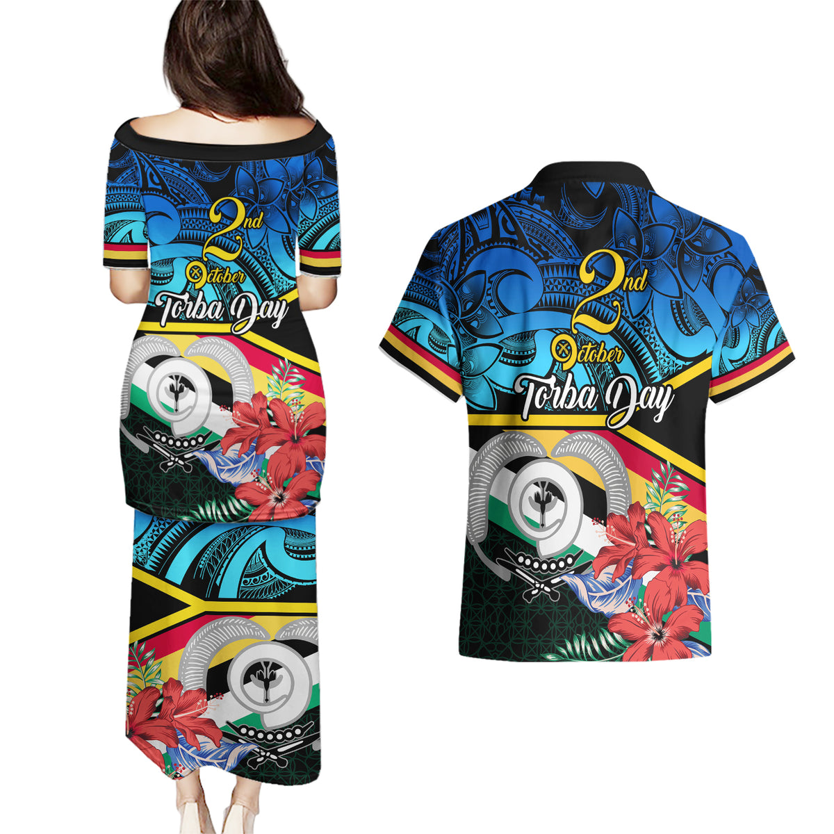 torba-vanuatu-couples-matching-puletasi-dress-and-hawaiian-shirt-sand-drawing-with-polynesian-pattern