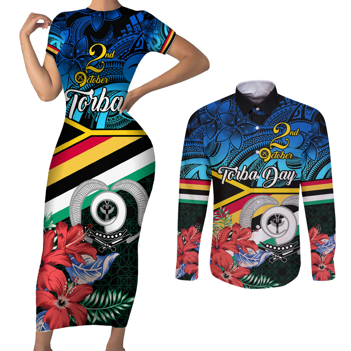 Torba Vanuatu Couples Matching Short Sleeve Bodycon Dress and Long Sleeve Button Shirts Sand Drawing With Polynesian Pattern LT9 Black - Polynesian Pride