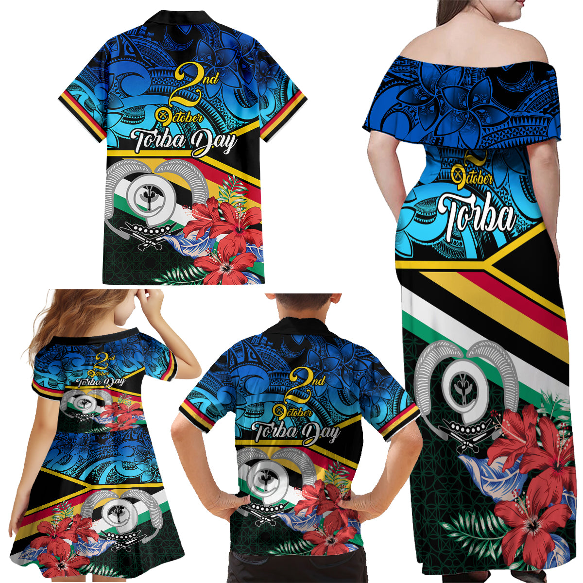 torba-vanuatu-family-matching-off-shoulder-maxi-dress-and-hawaiian-shirt-sand-drawing-with-polynesian-pattern