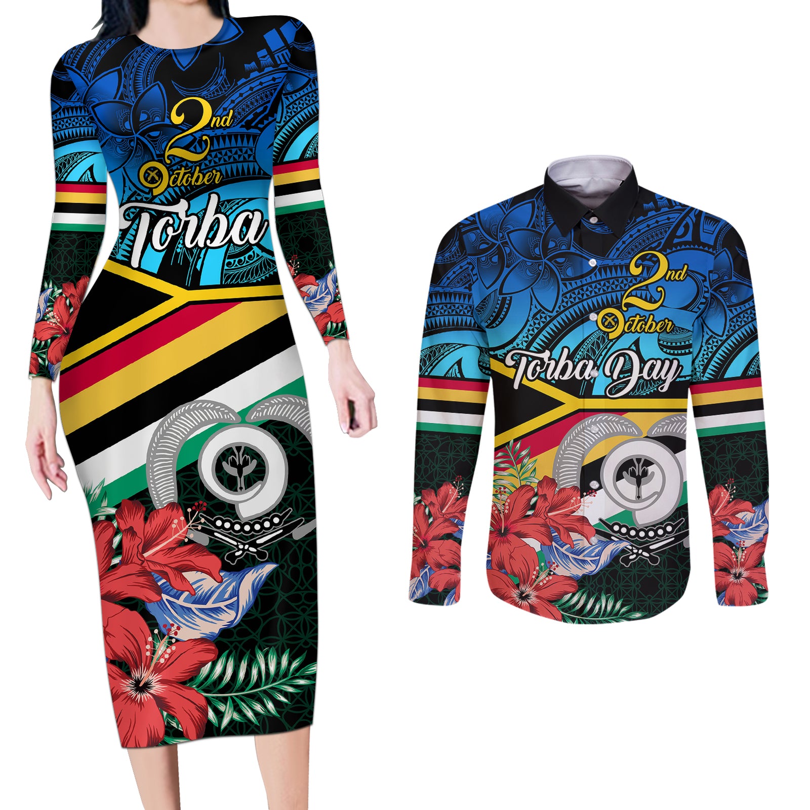 personalised-torba-vanuatu-couples-matching-long-sleeve-bodycon-dress-and-long-sleeve-button-shirts-sand-drawing-with-polynesian-pattern