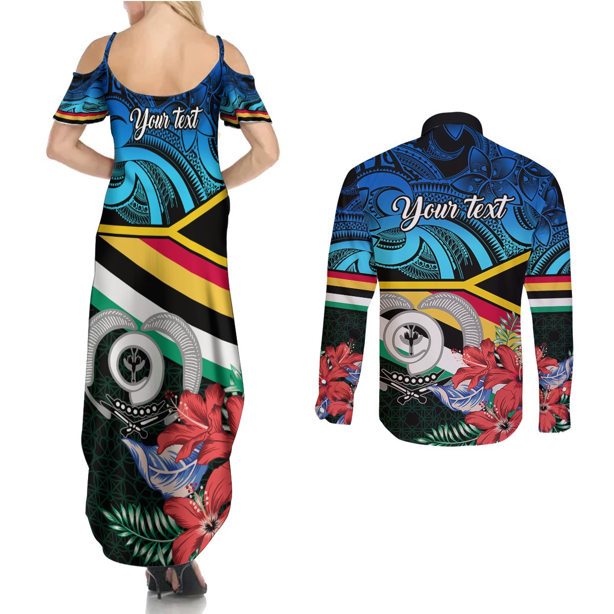personalised-torba-vanuatu-couples-matching-summer-maxi-dress-and-long-sleeve-button-shirts-sand-drawing-with-polynesian-pattern