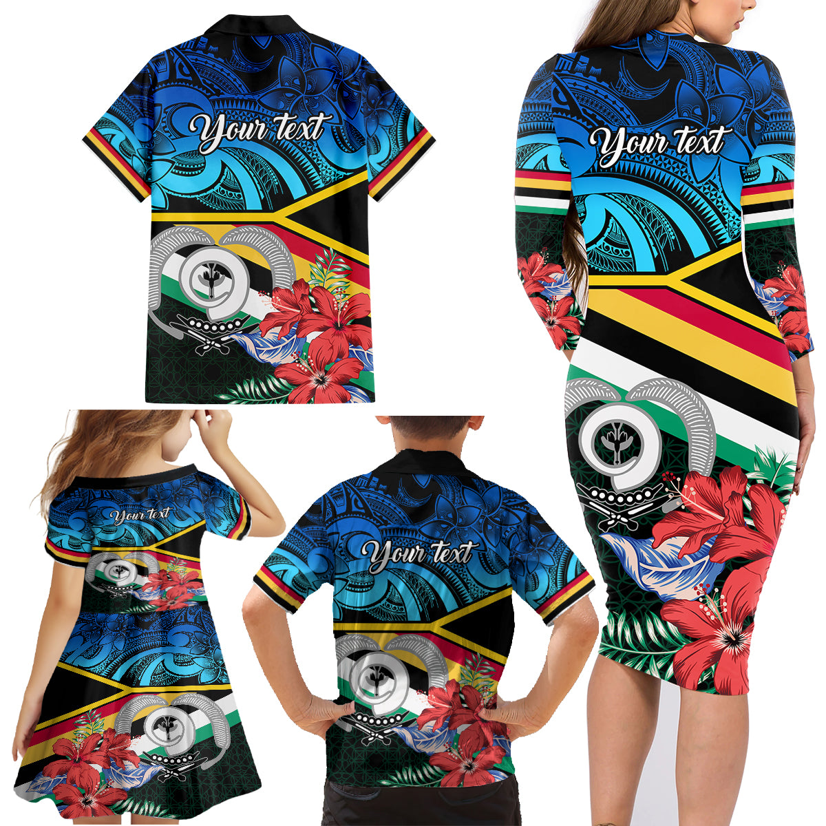 personalised-torba-vanuatu-family-matching-long-sleeve-bodycon-dress-and-hawaiian-shirt-sand-drawing-with-polynesian-pattern