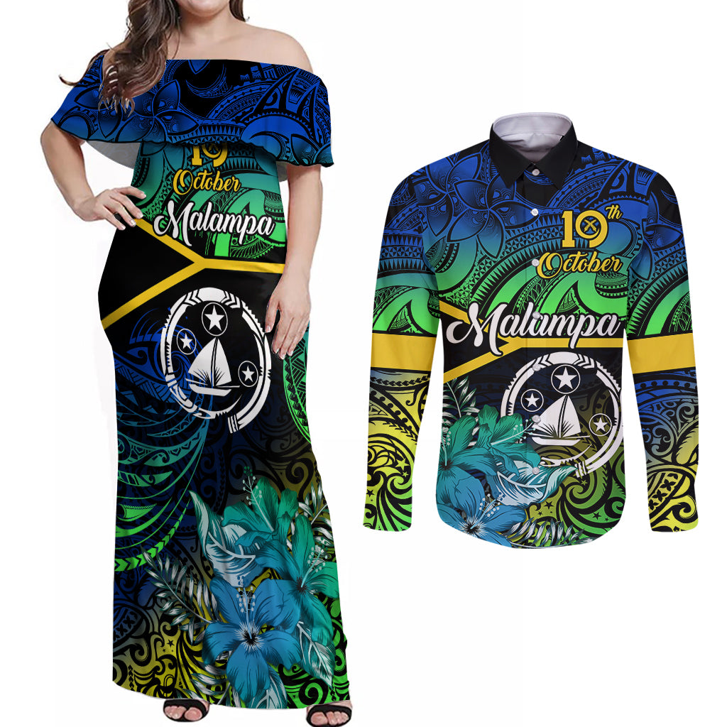 Malampa Day Couples Matching Off Shoulder Maxi Dress and Long Sleeve Button Shirts Vanuatu Flowers with Malampa Emblem Tribal Pattern LT9 Black - Polynesian Pride
