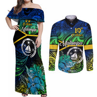 Malampa Day Couples Matching Off Shoulder Maxi Dress and Long Sleeve Button Shirts Vanuatu Flowers with Malampa Emblem Tribal Pattern LT9 Black - Polynesian Pride