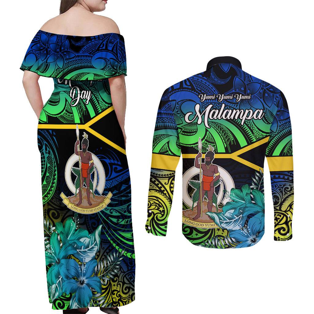Malampa Day Couples Matching Off Shoulder Maxi Dress and Long Sleeve Button Shirts Vanuatu Flowers with Malampa Emblem Tribal Pattern LT9 - Polynesian Pride
