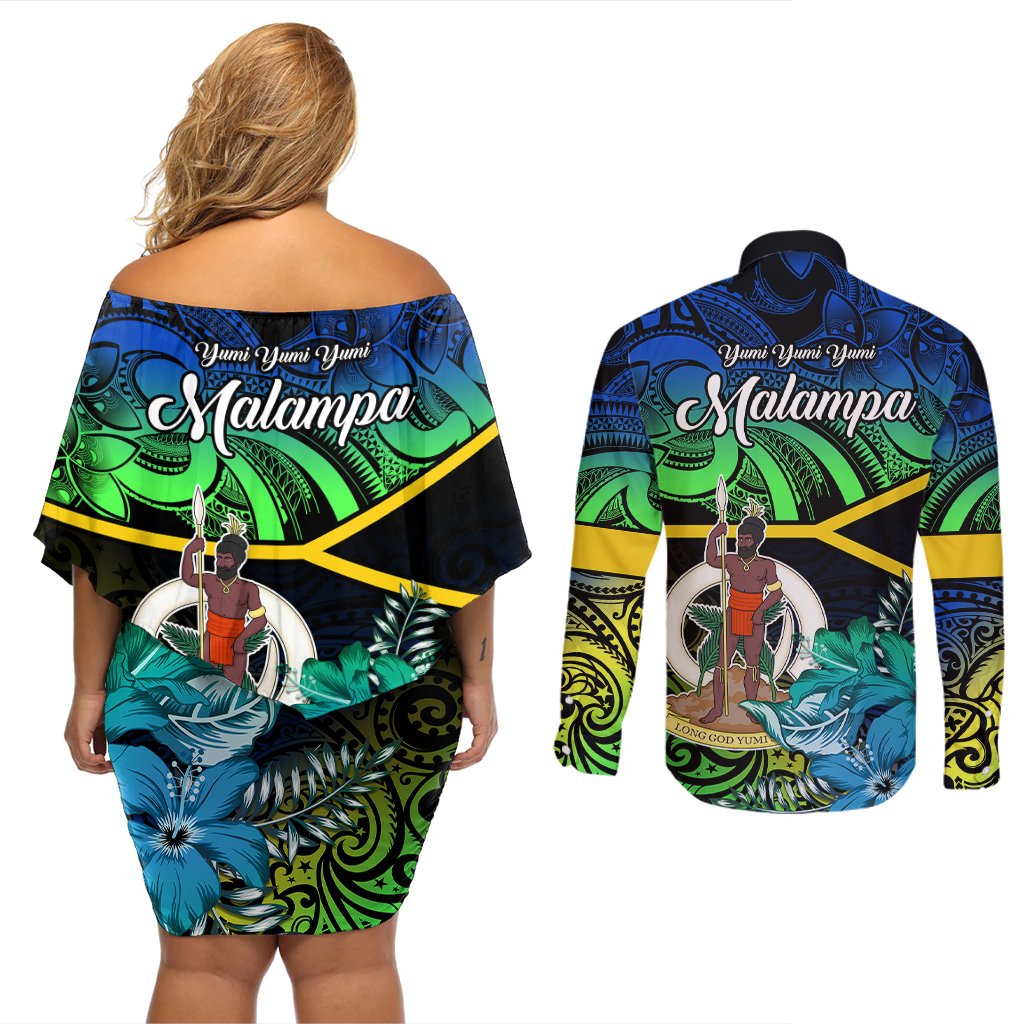 malampa-day-couples-matching-off-shoulder-short-dress-and-long-sleeve-button-shirts-vanuatu-flowers-with-malampa-emblem-tribal-pattern
