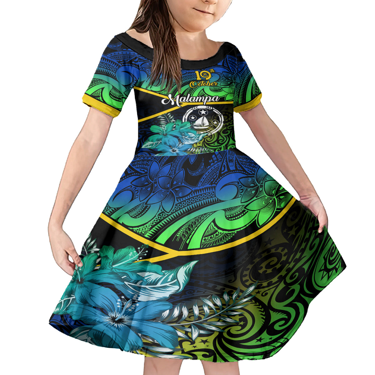 malampa-day-kid-short-sleeve-dress-vanuatu-flowers-with-malampa-emblem-tribal-pattern