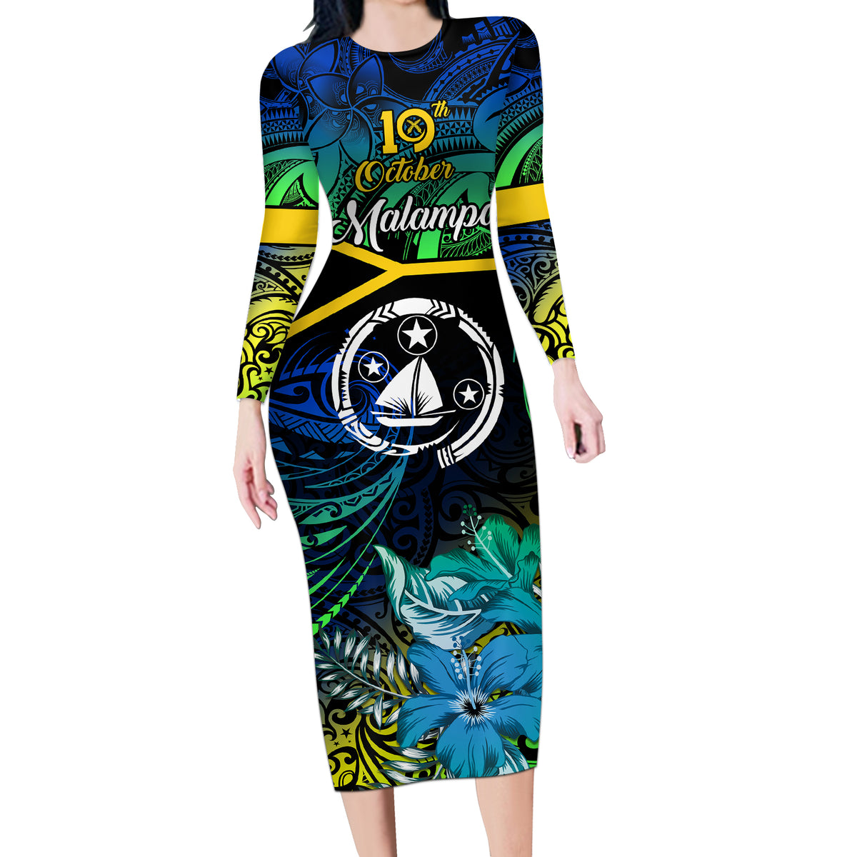 Malampa Day Long Sleeve Bodycon Dress Vanuatu Flowers with Malampa Emblem Tribal Pattern LT9 Long Dress Black - Polynesian Pride