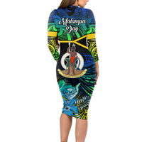Malampa Day Long Sleeve Bodycon Dress Vanuatu Flowers with Malampa Emblem Tribal Pattern LT9 - Polynesian Pride