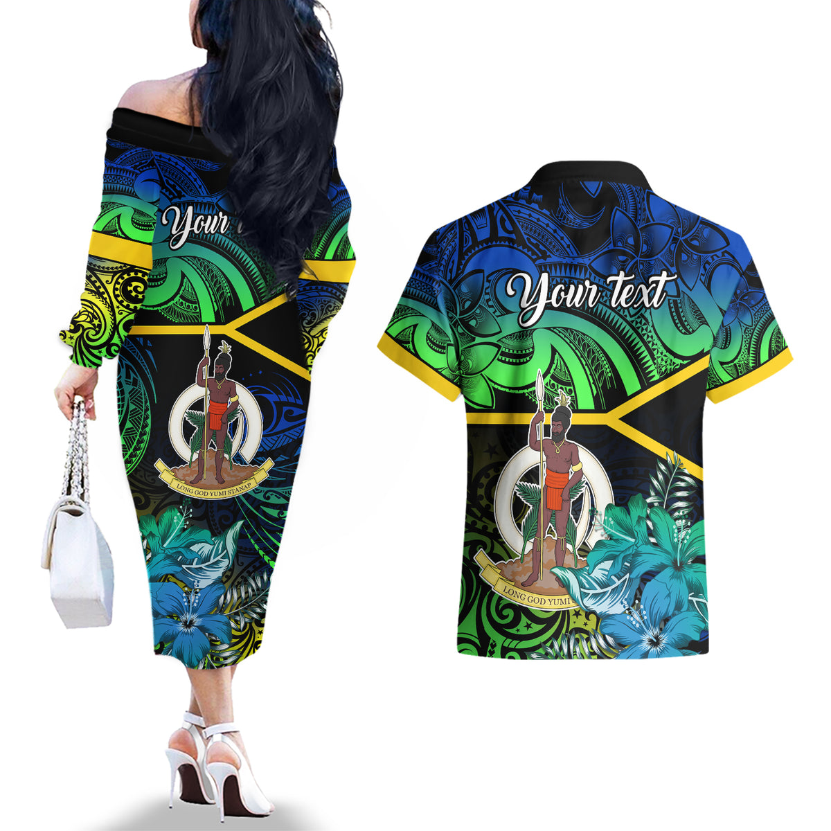 personalised-malampa-day-couples-matching-off-the-shoulder-long-sleeve-dress-and-hawaiian-shirt-vanuatu-flowers-with-malampa-emblem-tribal-pattern